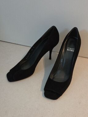 Stuart Weitzman Black Suede Peep-Toe Stiletto Pumps